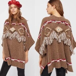 Free People Dark Crystal Wool Alpaca Fringe Oversized Poncho Sweater Size Small